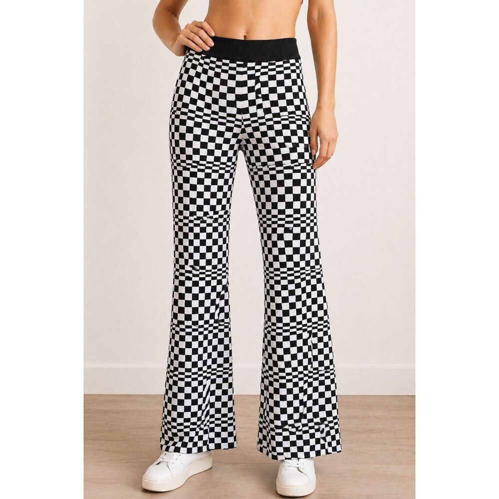 Shop Stevie Checkerboard Pants Black White Wide Leg High Rise Retro Size M